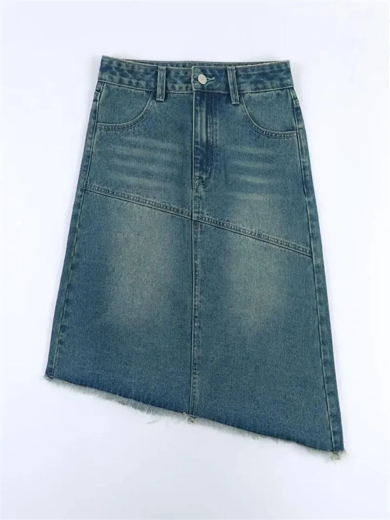 Women's Solid Irregular A-Line Tassle Denim Skirt Harajuku Casual High Waist Vintage Midi Jeans Skirts