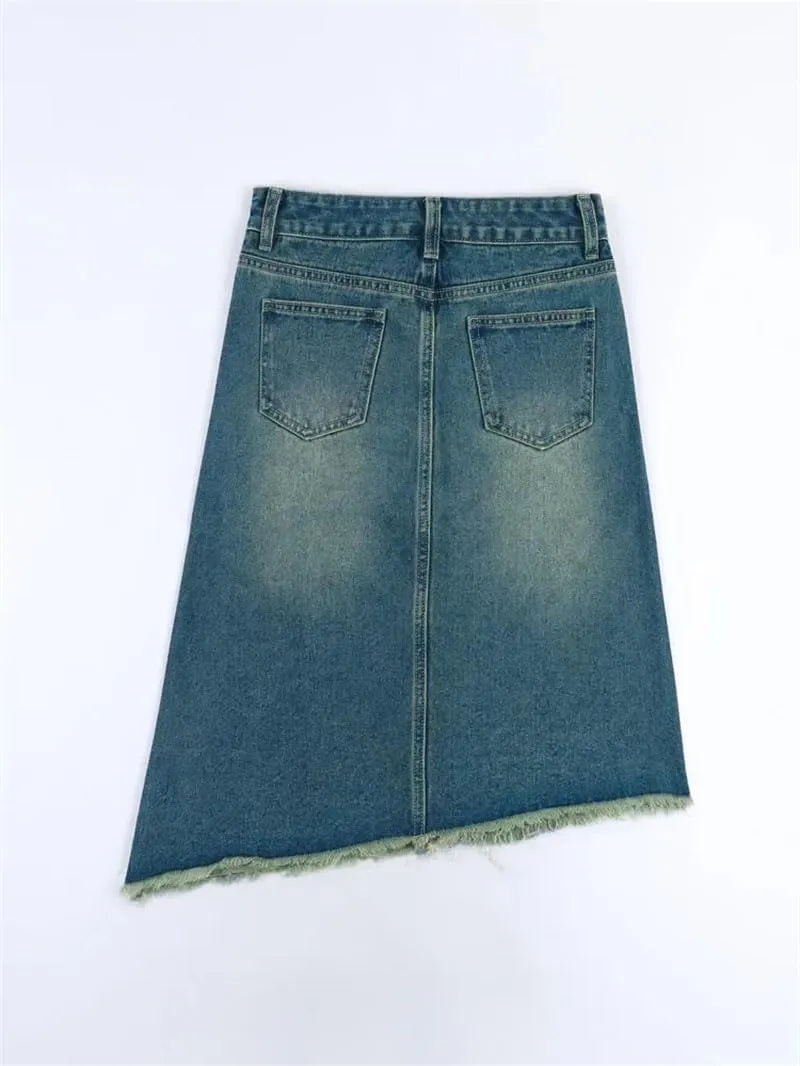 Women's Solid Irregular A-Line Tassle Denim Skirt Harajuku Casual High Waist Vintage Midi Jeans Skirts