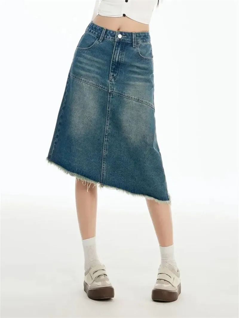 Women's Solid Irregular A-Line Tassle Denim Skirt Harajuku Casual High Waist Vintage Midi Jeans Skirts
