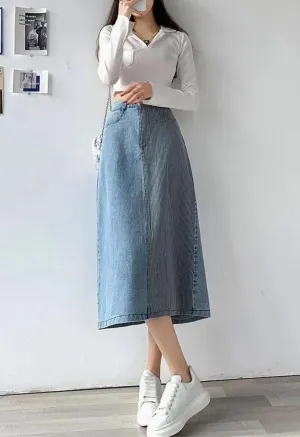 Women's Spring 2025 Denim Skirts High Elastic Waist Striped A Line Long Skirt Back Slit Streetwear Jean Skirts