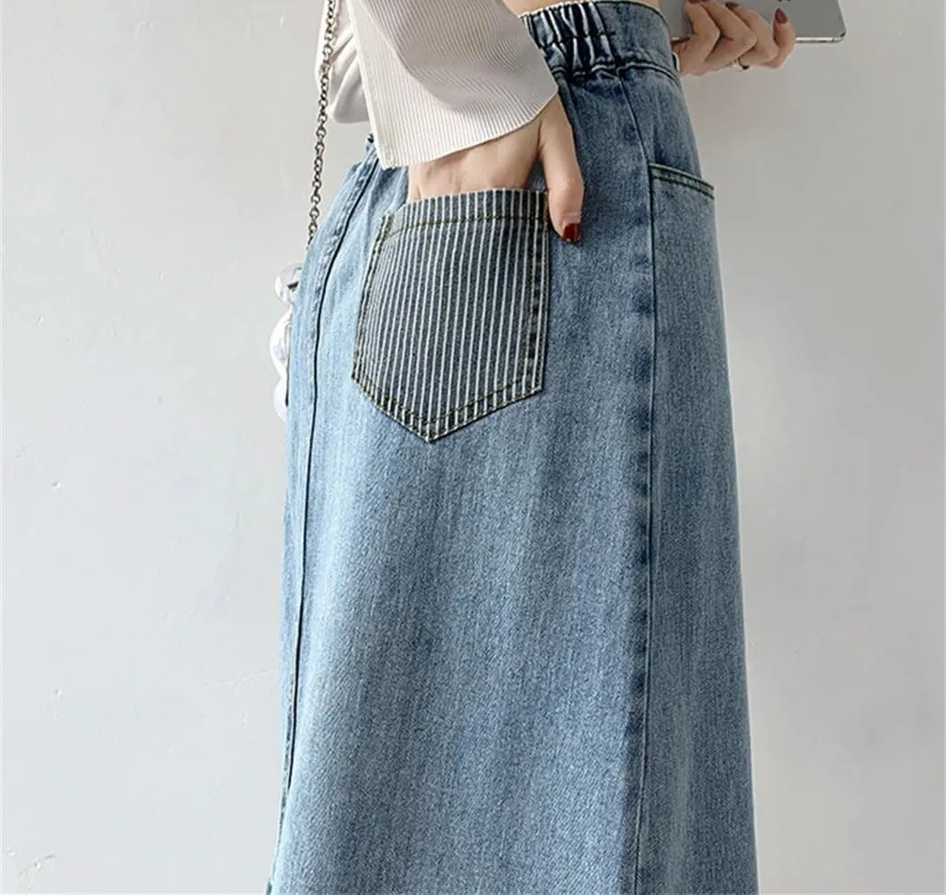 Women's Spring 2025 Denim Skirts High Elastic Waist Striped A Line Long Skirt Back Slit Streetwear Jean Skirts