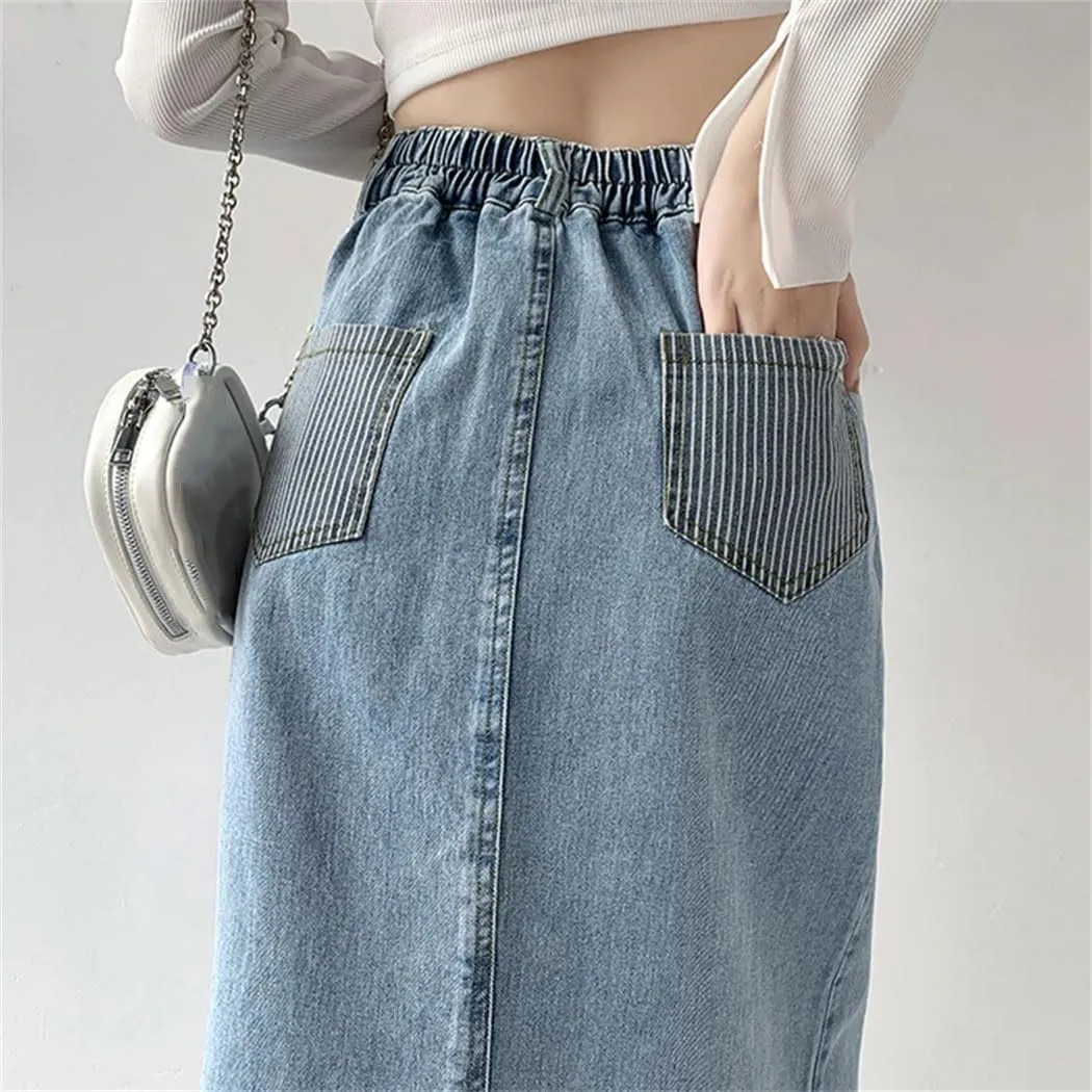 Women's Spring 2025 Denim Skirts High Elastic Waist Striped A Line Long Skirt Back Slit Streetwear Jean Skirts