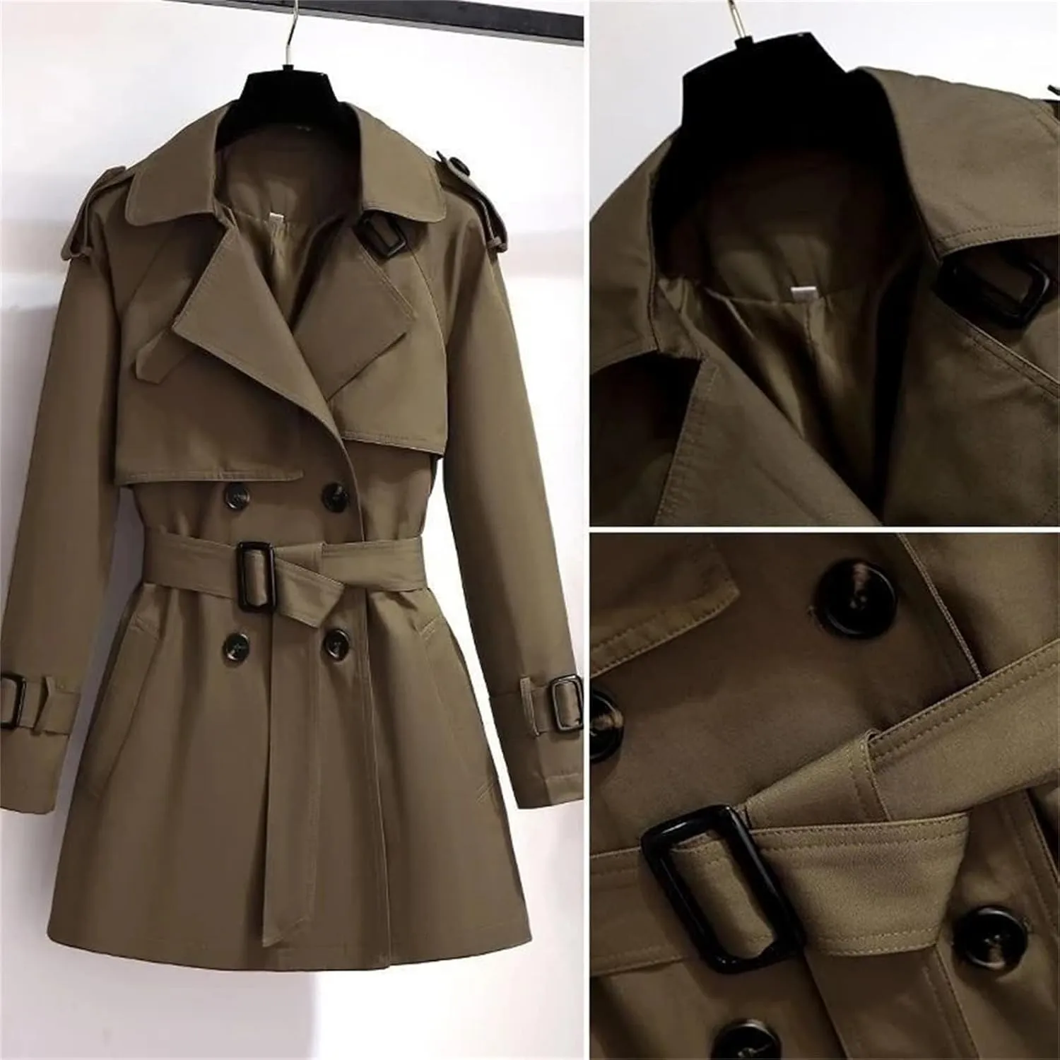 Women's Spring Trench Coat – Double-Breasted All-Match Casual Wind-Breaker Belted Loose Fit Medium Length Outerwear