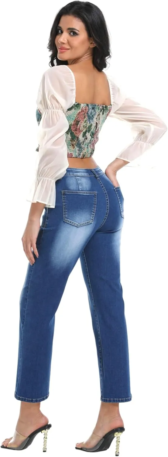Women's Straight Leg Petite Jeans High Waisted Stretchy Cropped Denim Ankle Pants