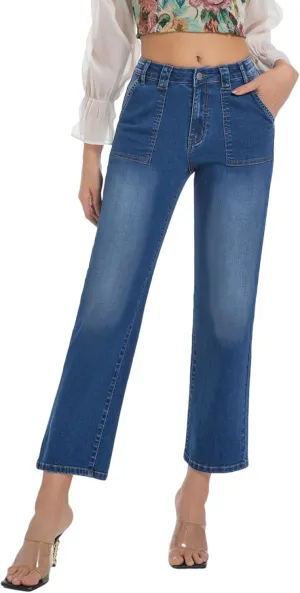 Women's Straight Leg Petite Jeans High Waisted Stretchy Cropped Denim Ankle Pants
