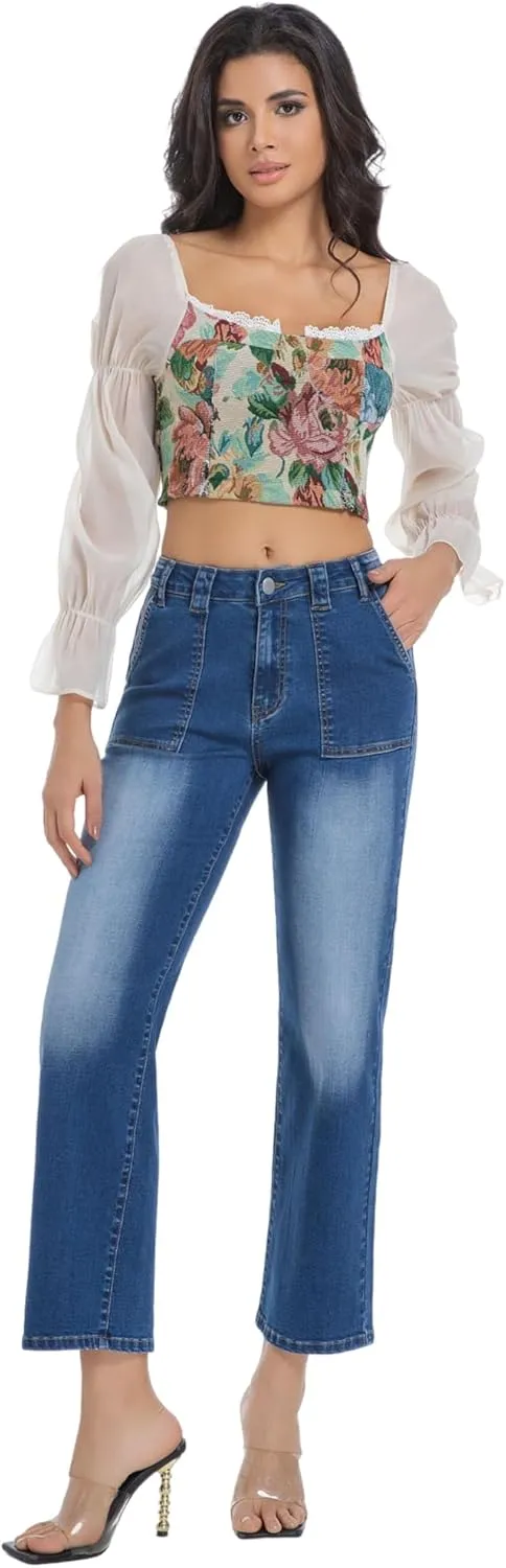 Women's Straight Leg Petite Jeans High Waisted Stretchy Cropped Denim Ankle Pants