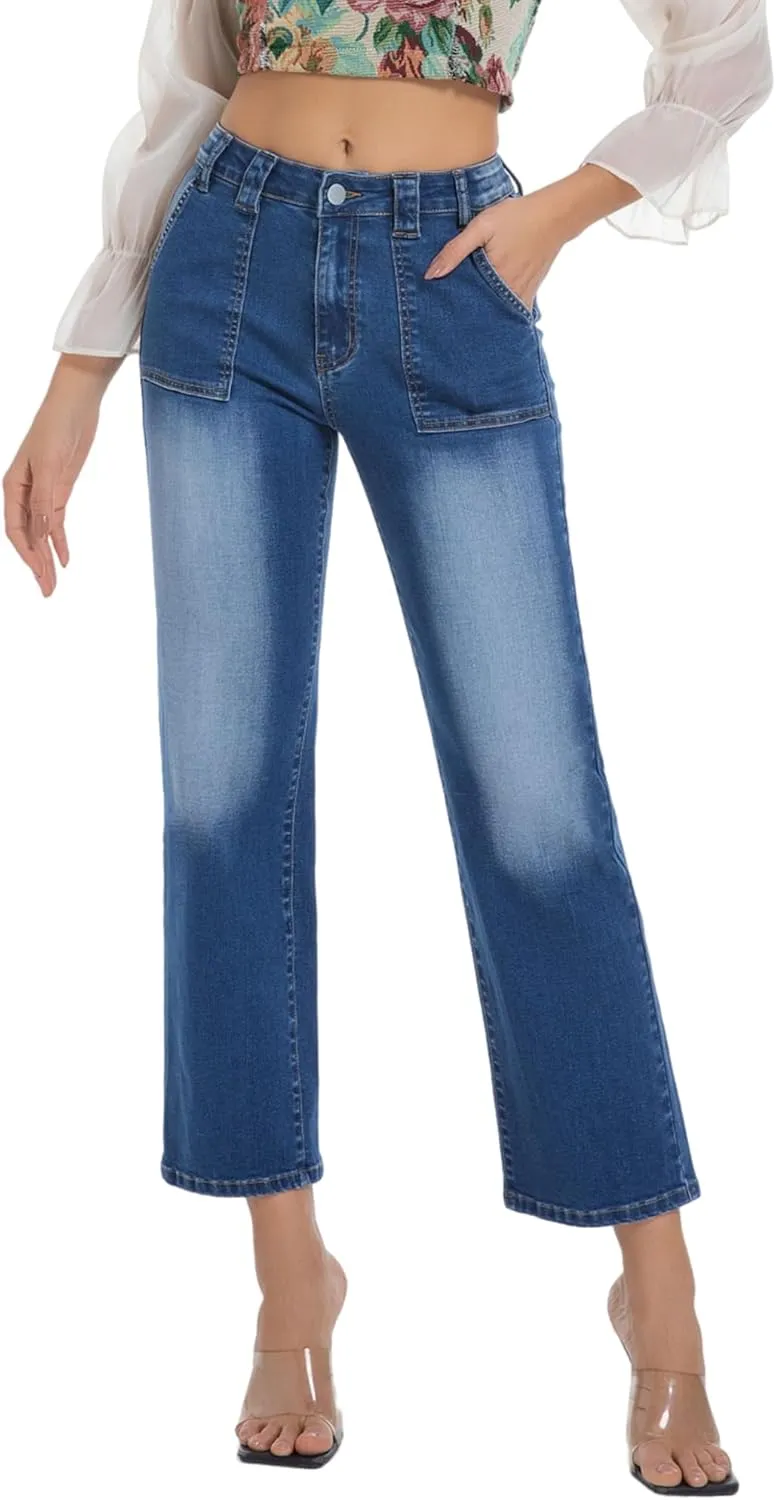 Women's Straight Leg Petite Jeans High Waisted Stretchy Cropped Denim Ankle Pants