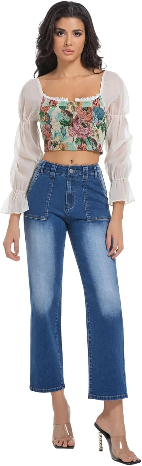 Women's Straight Leg Petite Jeans High Waisted Stretchy Cropped Denim Ankle Pants