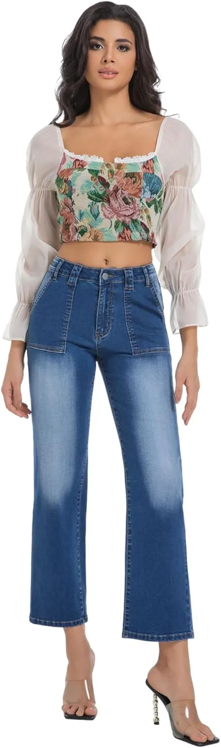 Women's Straight Leg Petite Jeans High Waisted Stretchy Cropped Denim Ankle Pants