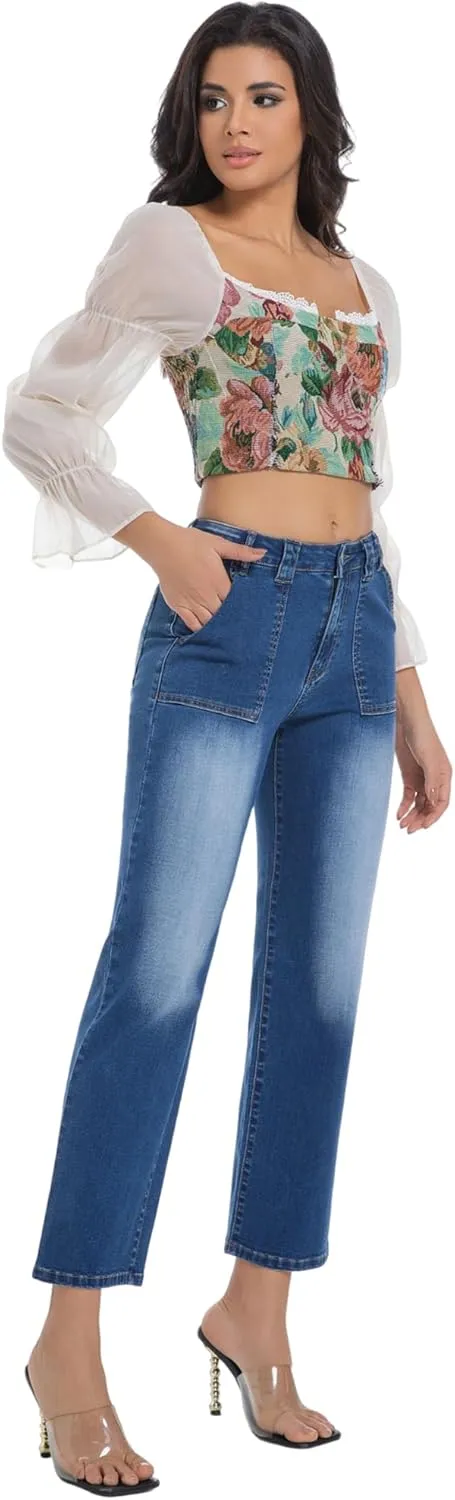 Women's Straight Leg Petite Jeans High Waisted Stretchy Cropped Denim Ankle Pants
