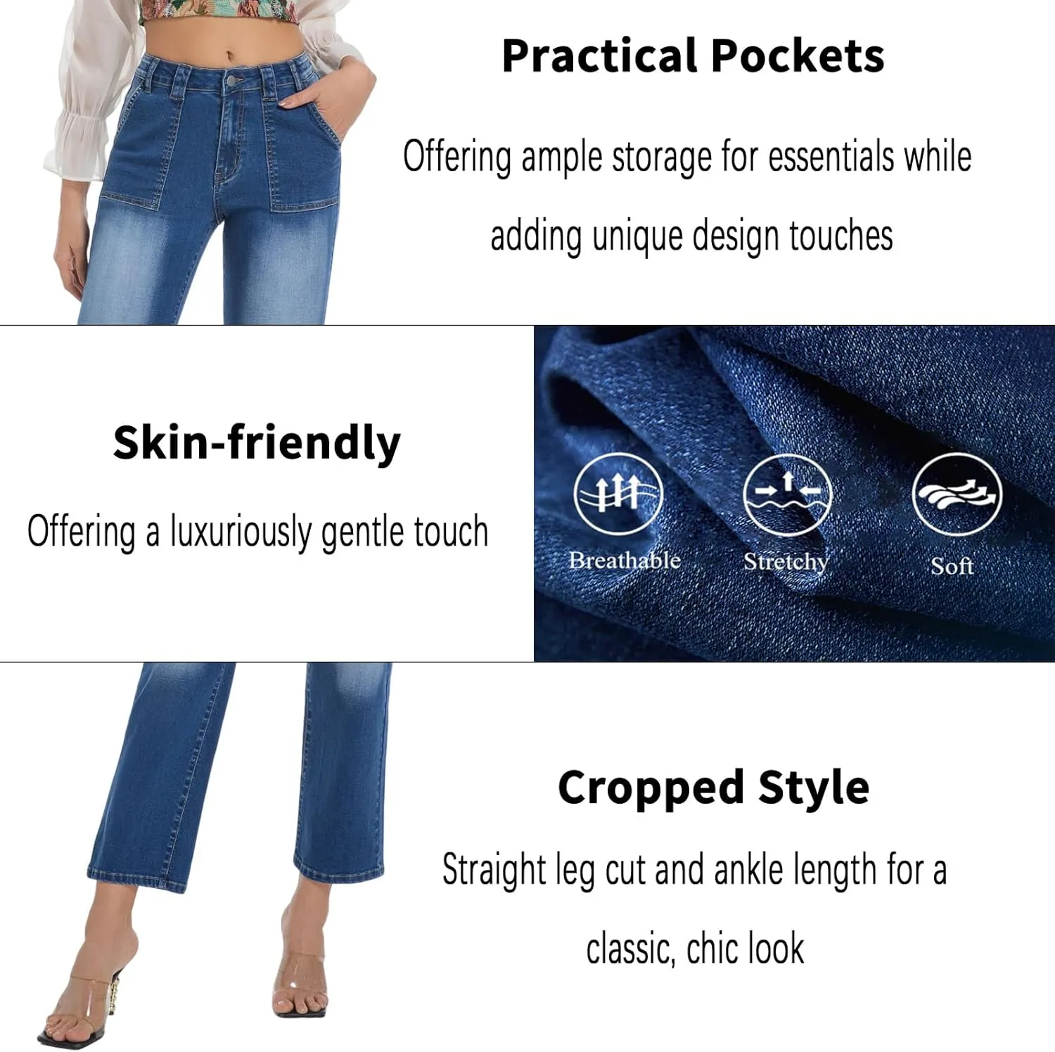 Women's Straight Leg Petite Jeans High Waisted Stretchy Cropped Denim Ankle Pants