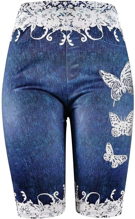 Womens Stretchy Bermuda Shorts Jeans Fake Denim Leggings High Waist Butterfly Printed Jeggings Plus Size Biker Short