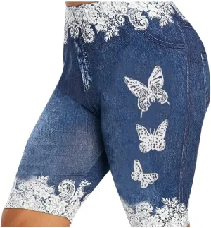 Womens Stretchy Bermuda Shorts Jeans Fake Denim Leggings High Waist Butterfly Printed Jeggings Plus Size Biker Short