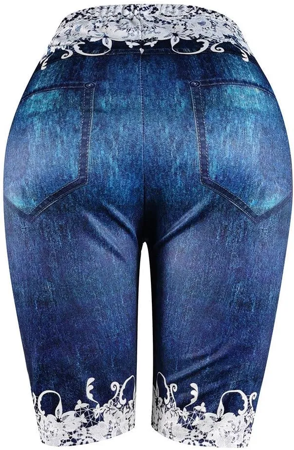 Womens Stretchy Bermuda Shorts Jeans Fake Denim Leggings High Waist Butterfly Printed Jeggings Plus Size Biker Short