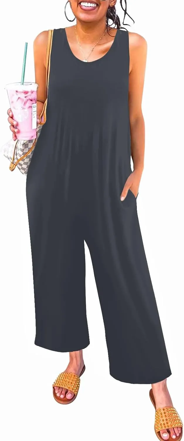 Women's Summer Casual Loose Tank Jumpsuit Sleeveless Crewneck Long Pants Jumpsuit Romper with Pockets