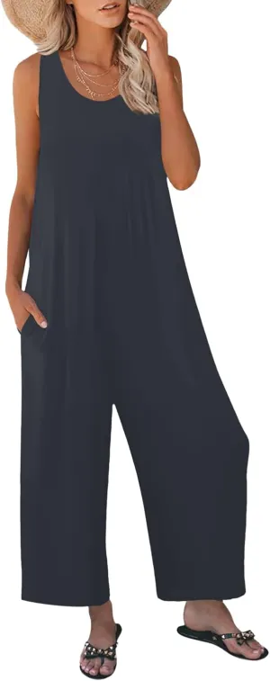 Women's Summer Casual Loose Tank Jumpsuit Sleeveless Crewneck Long Pants Jumpsuit Romper with Pockets