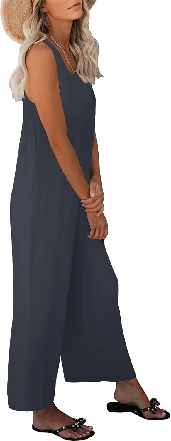 Women's Summer Casual Loose Tank Jumpsuit Sleeveless Crewneck Long Pants Jumpsuit Romper with Pockets