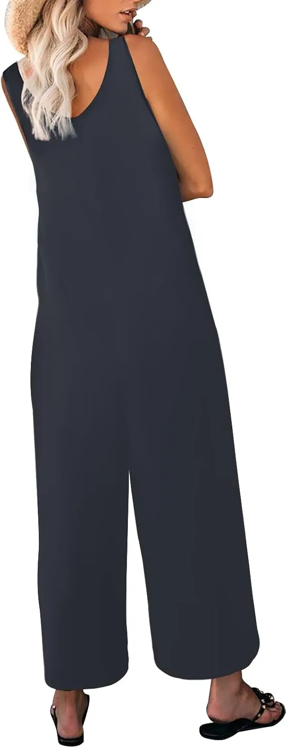 Women's Summer Casual Loose Tank Jumpsuit Sleeveless Crewneck Long Pants Jumpsuit Romper with Pockets
