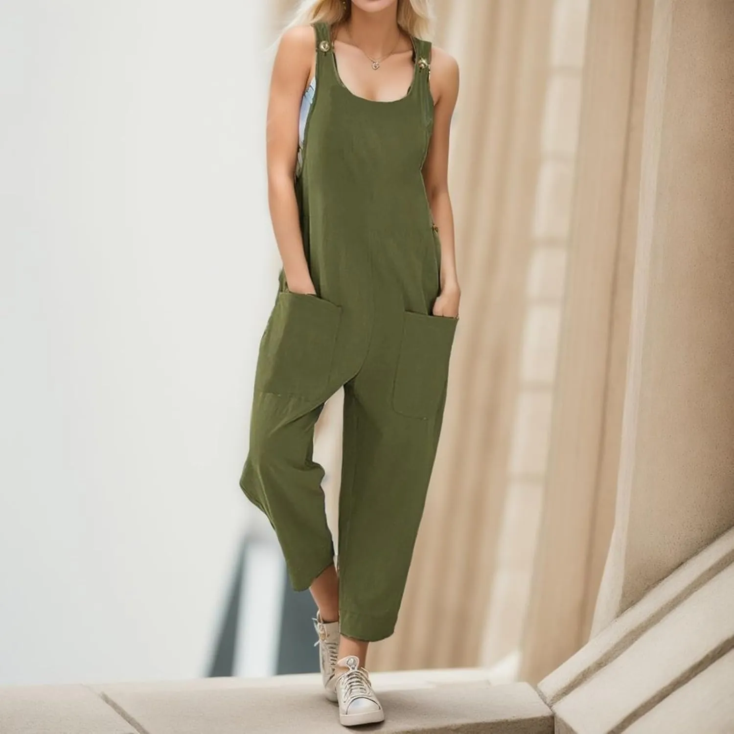 Women's Summer Casual Overalls Cotton Linen Jumpsuits Loose Sleeveless Wide Leg Boho Beach Vacation Baggy Rompers with Pocket