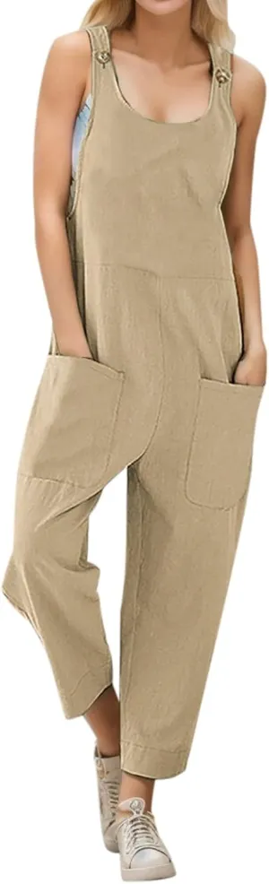 Women's Summer Casual Overalls Cotton Linen Jumpsuits Loose Sleeveless Wide Leg Boho Beach Vacation Baggy Rompers with Pocket