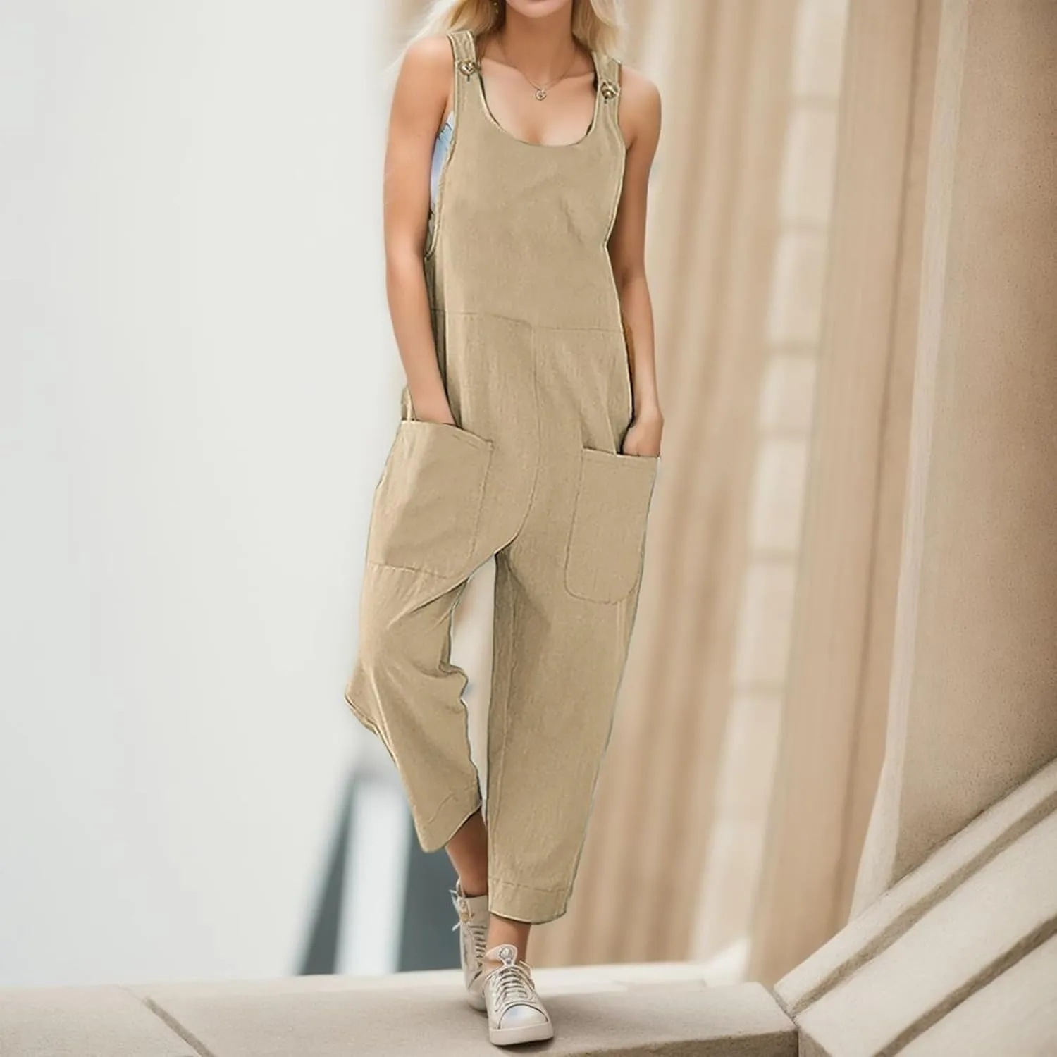 Women's Summer Casual Overalls Cotton Linen Jumpsuits Loose Sleeveless Wide Leg Boho Beach Vacation Baggy Rompers with Pocket