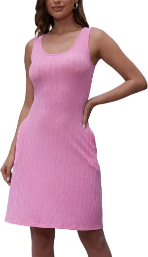 Womens Summer Crewneck Sleeveless Dresses Slim Bodycon Casual Midi Tank Tops Dress