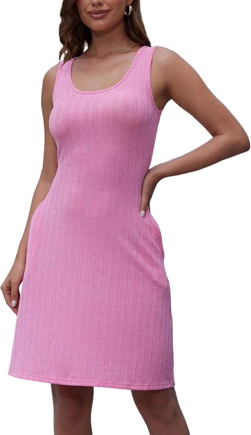 Womens Summer Crewneck Sleeveless Dresses Slim Bodycon Casual Midi Tank Tops Dress