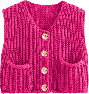 Womens Summer Crop Knit Sweater Vest Sleeveless Button Down Chunky Knit Vest Cardigan with Pockets