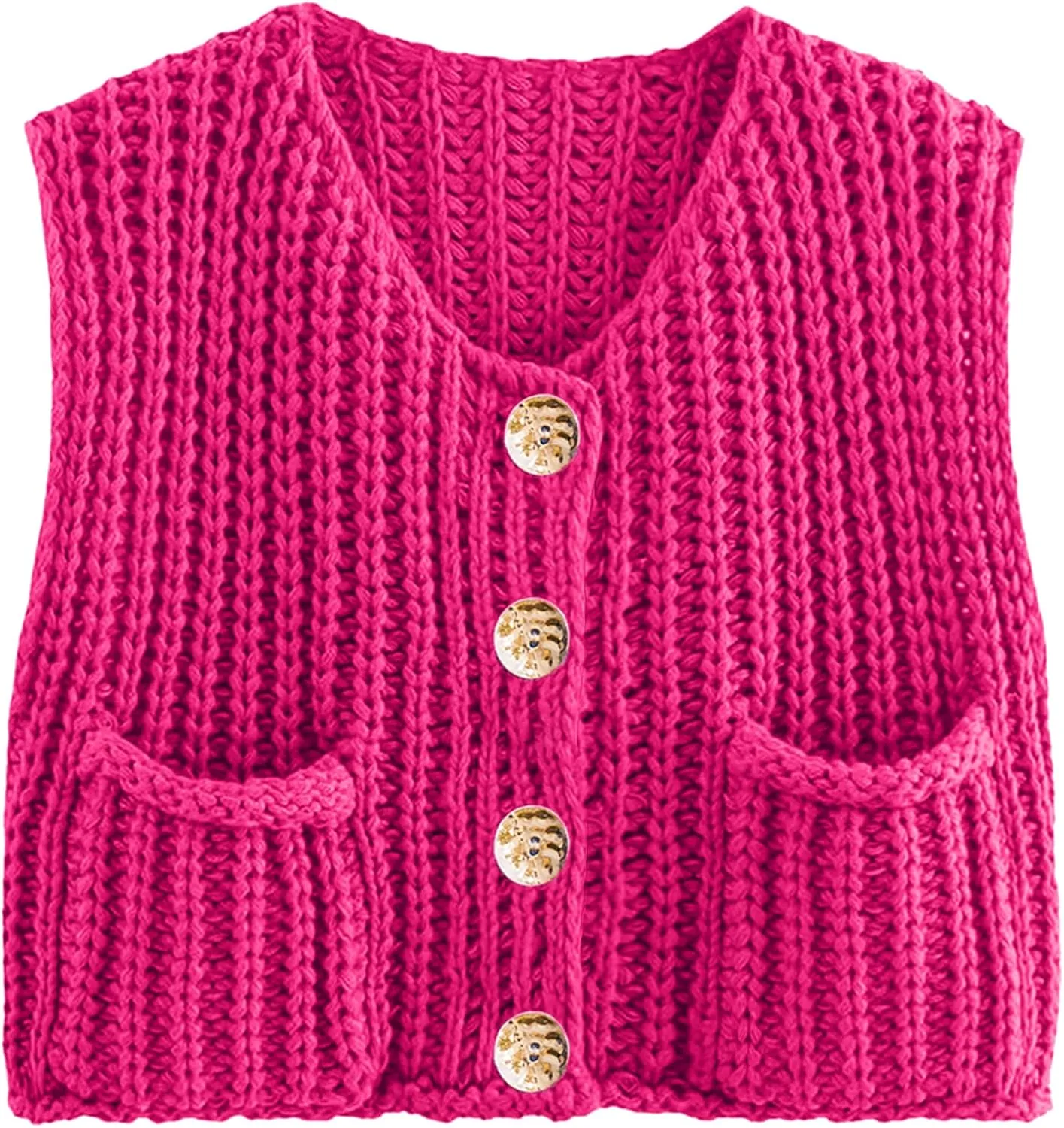 Womens Summer Crop Knit Sweater Vest Sleeveless Button Down Chunky Knit Vest Cardigan with Pockets