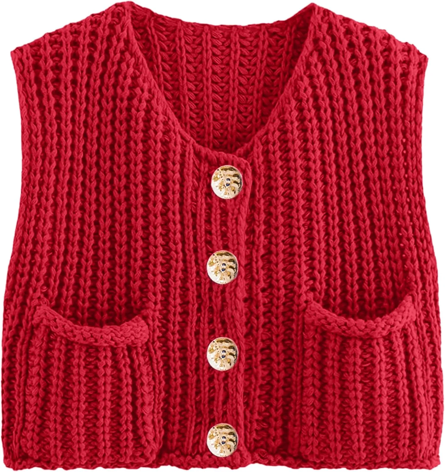 Womens Summer Crop Knit Sweater Vest Sleeveless Button Down Chunky Knit Vest Cardigan with Pockets