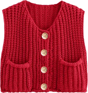 Womens Summer Crop Knit Sweater Vest Sleeveless Button Down Chunky Knit Vest Cardigan with Pockets