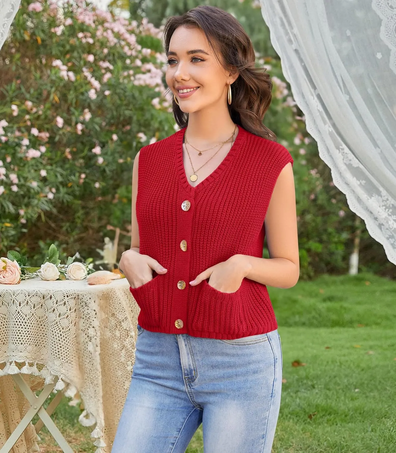 Womens Summer Crop Knit Sweater Vest Sleeveless Button Down Chunky Knit Vest Cardigan with Pockets