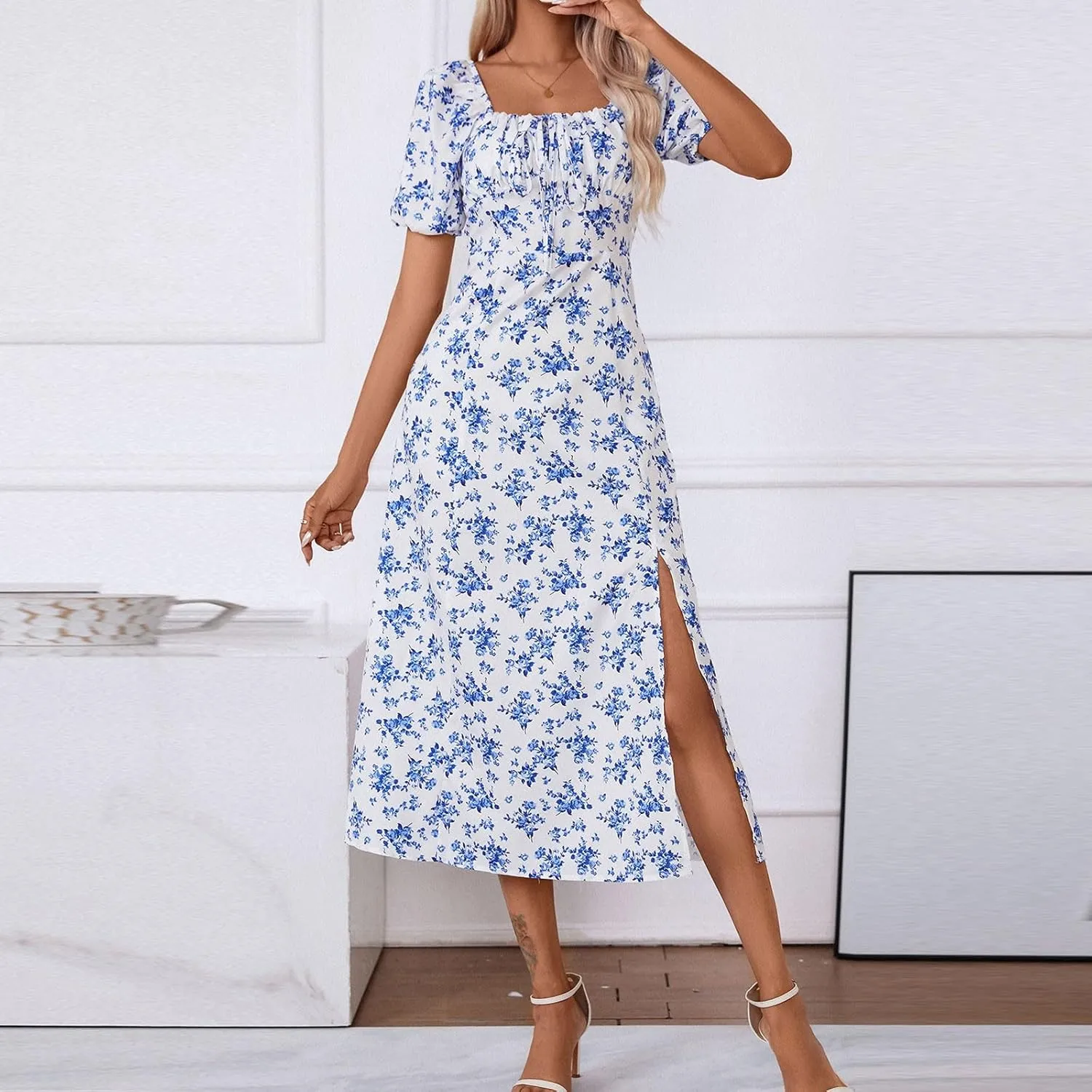 Women's Summer Puff Sleeve Floral Split Maxi Dress Flowy A Line Casual Beach Long Dresses 2025 Boho Floral Dress
