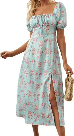 Women's Summer Puff Sleeve Floral Split Maxi Dress Flowy A Line Casual Beach Long Dresses 2025 Boho Floral Dress
