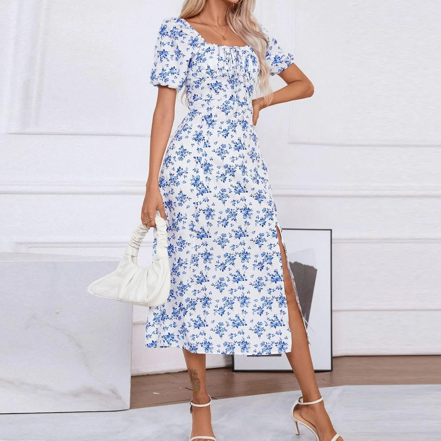 Women's Summer Puff Sleeve Floral Split Maxi Dress Flowy A Line Casual Beach Long Dresses 2025 Boho Floral Dress