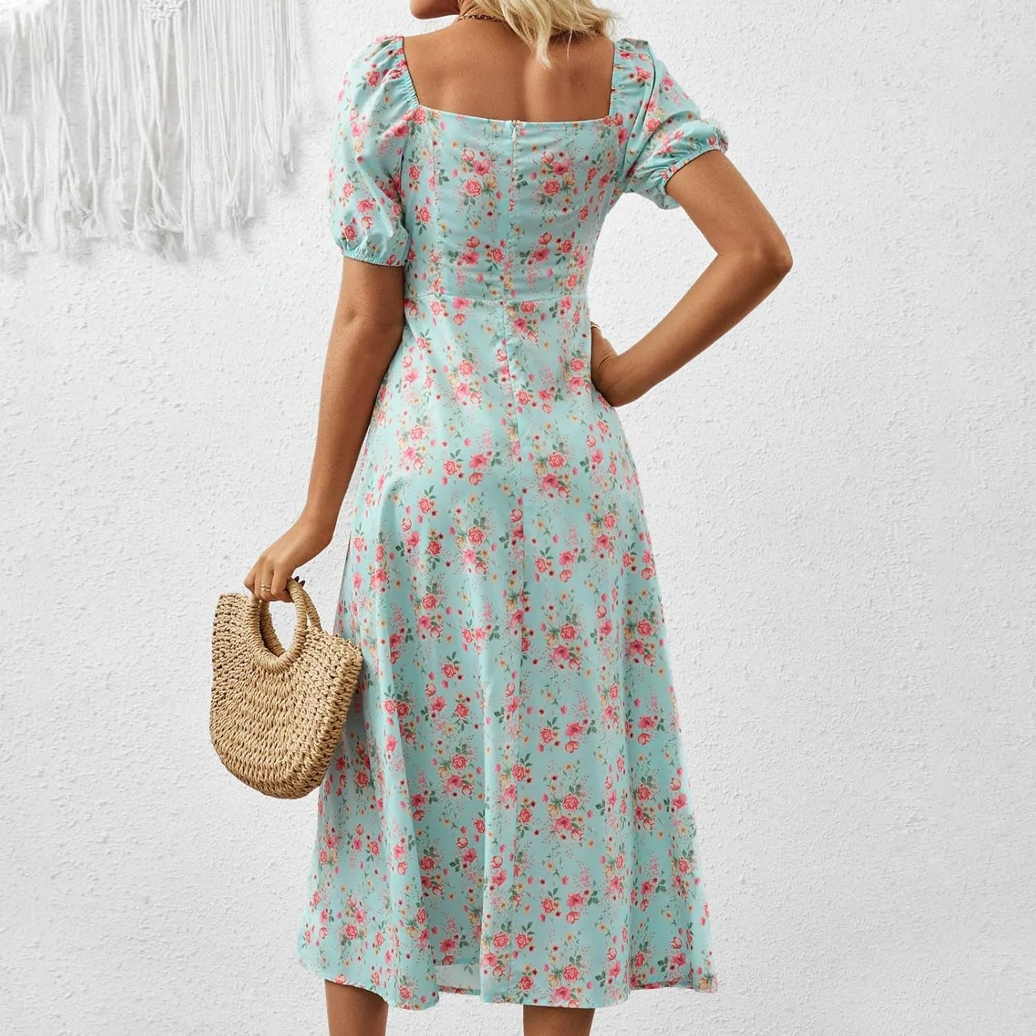 Women's Summer Puff Sleeve Floral Split Maxi Dress Flowy A Line Casual Beach Long Dresses 2025 Boho Floral Dress