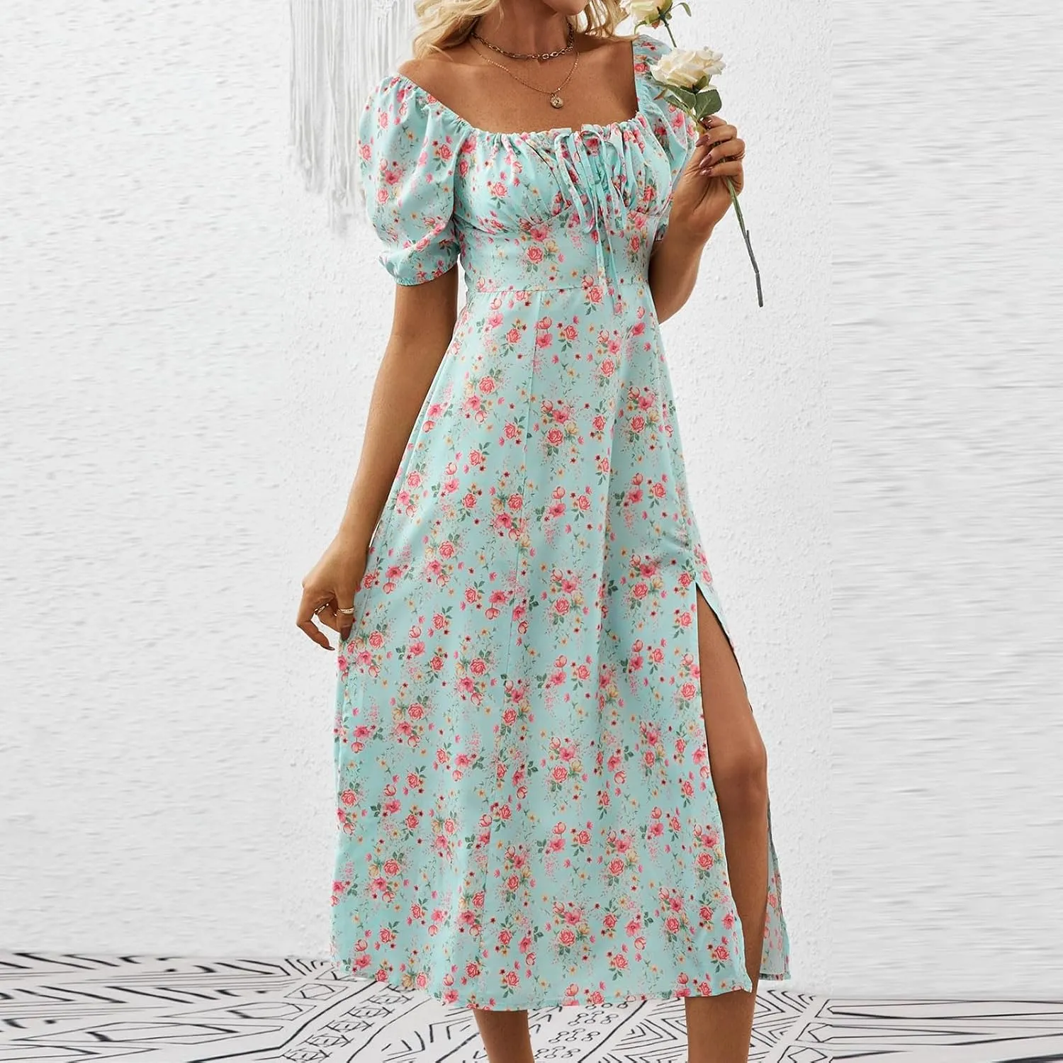 Women's Summer Puff Sleeve Floral Split Maxi Dress Flowy A Line Casual Beach Long Dresses 2025 Boho Floral Dress