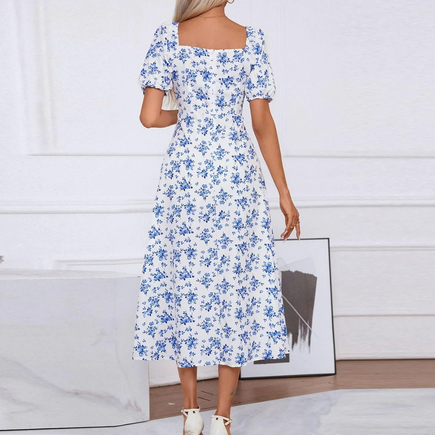 Women's Summer Puff Sleeve Floral Split Maxi Dress Flowy A Line Casual Beach Long Dresses 2025 Boho Floral Dress