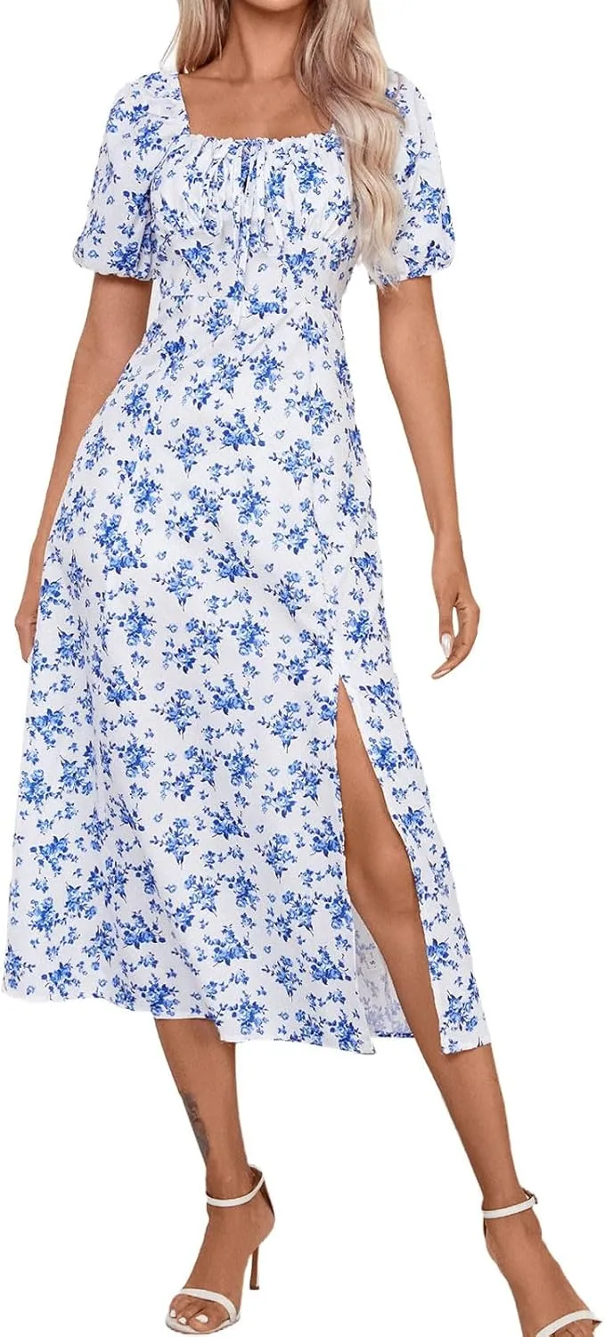 Women's Summer Puff Sleeve Floral Split Maxi Dress Flowy A Line Casual Beach Long Dresses 2025 Boho Floral Dress