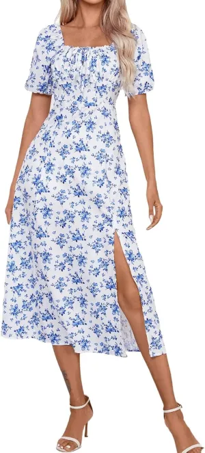 Women's Summer Puff Sleeve Floral Split Maxi Dress Flowy A Line Casual Beach Long Dresses 2025 Boho Floral Dress