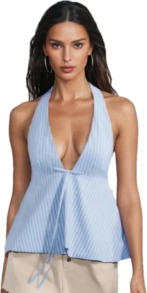 Women's Summer Sexy Deep V Neck Halter Tops Striped Tie Backless Sleeveless Peplum Crop Top