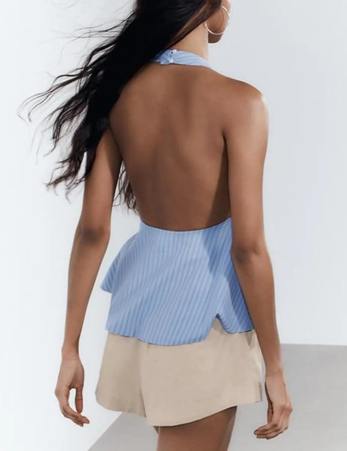 Women's Summer Sexy Deep V Neck Halter Tops Striped Tie Backless Sleeveless Peplum Crop Top