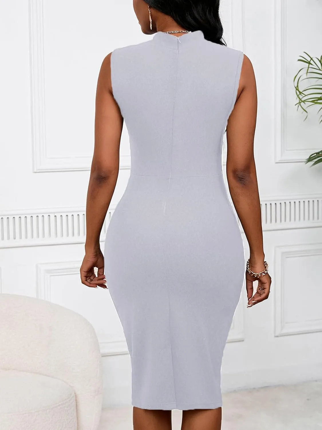 Womens Summer Sleeveless Bodycon Work Dresses for Women Tie Neck Ruched Cocktail Pencil Midi Dress