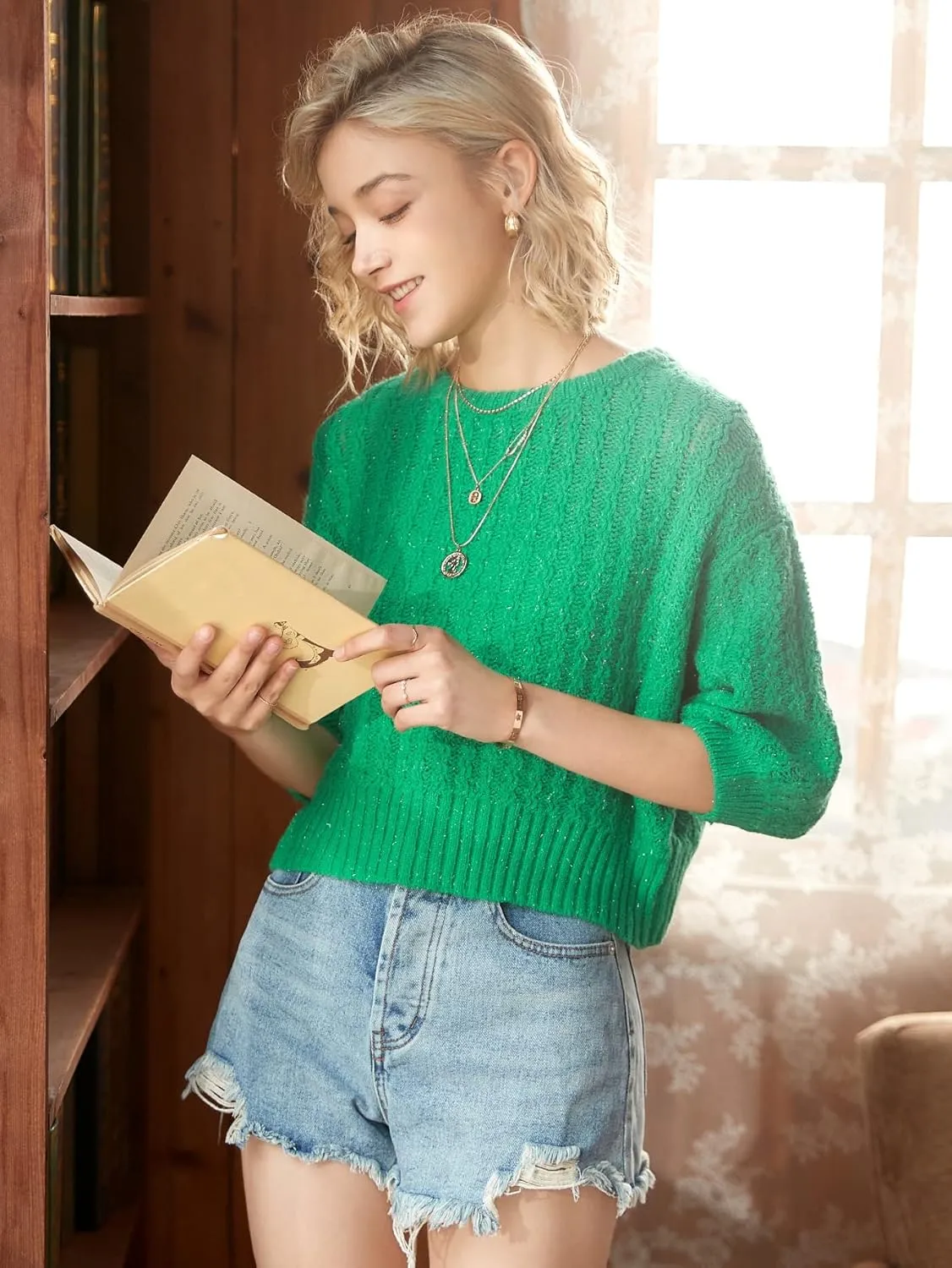 Women's Sweater Cable Knit Drop Shoulder Sweater Sweater for Women (Color : Green, Size : Medium)