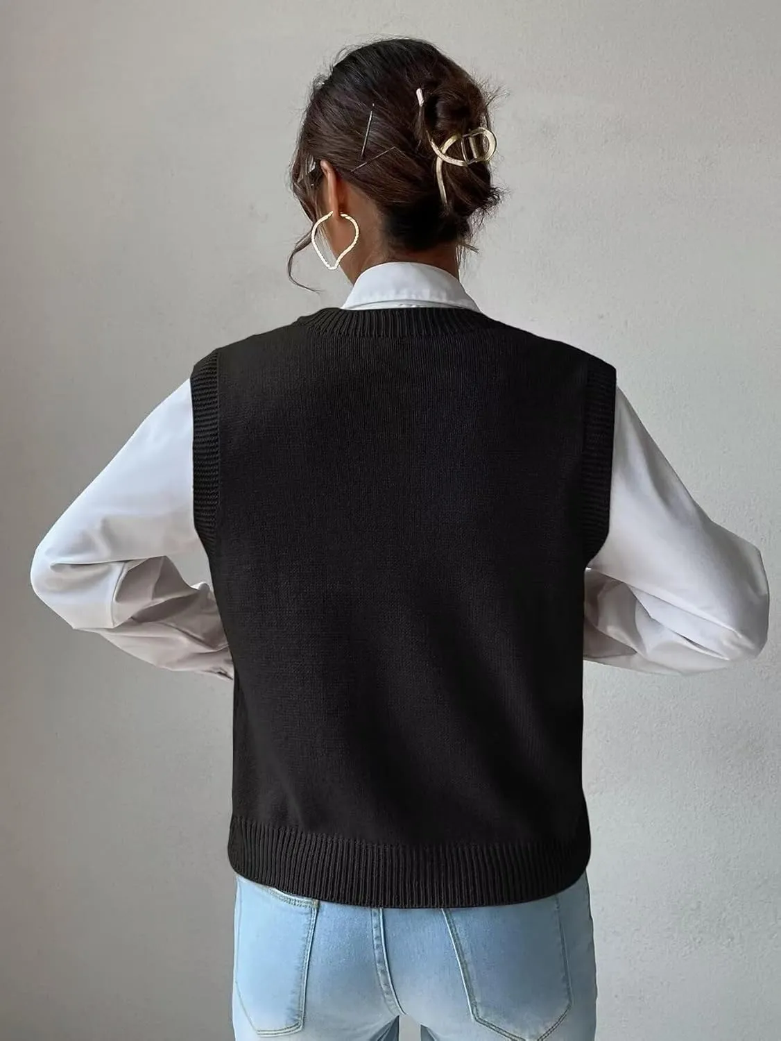 Womens Sweater Vest Cable Knit Casual V Neck Ribbed Preppy Pullover Tops Sleeveless
