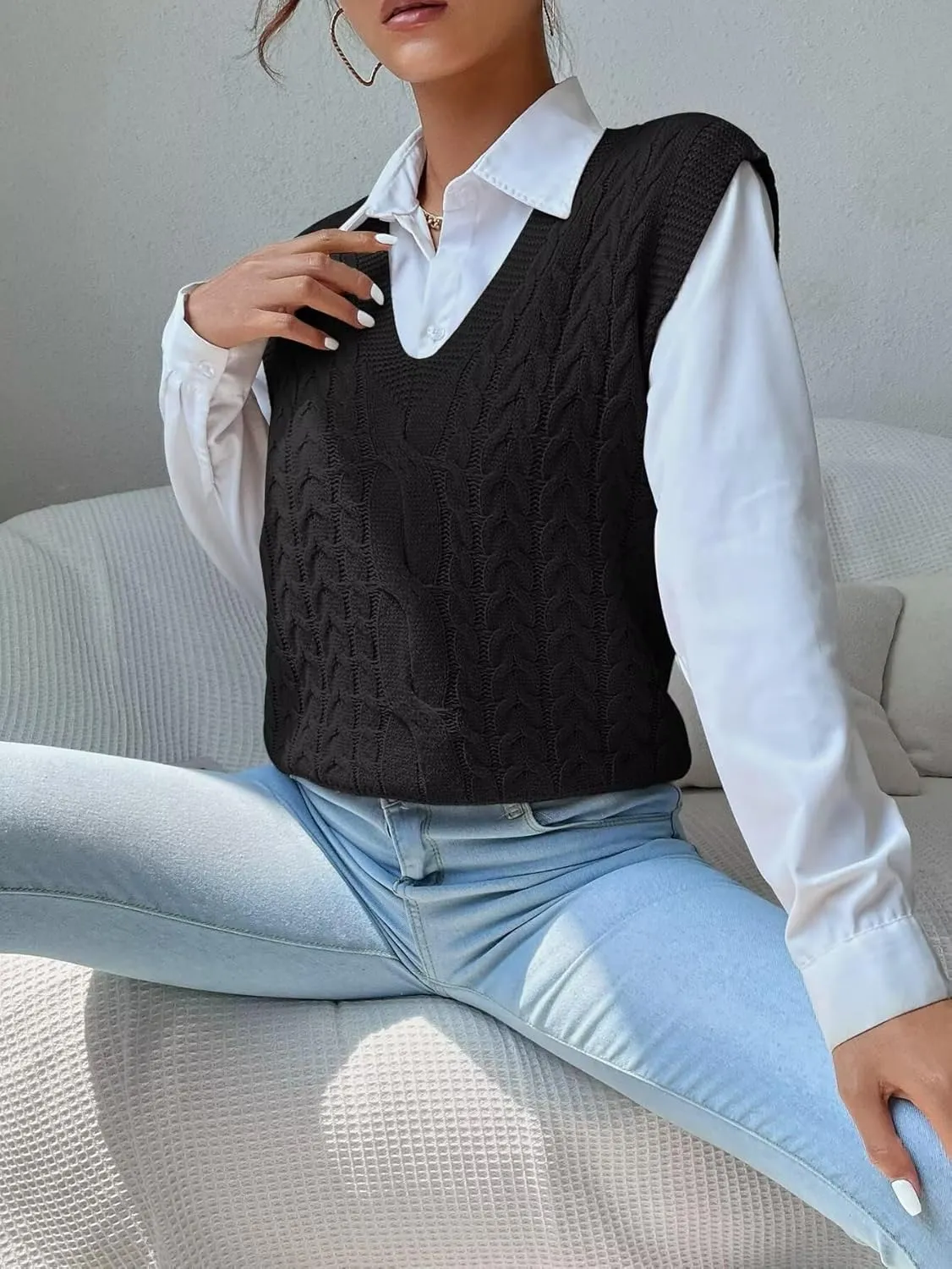 Womens Sweater Vest Cable Knit Casual V Neck Ribbed Preppy Pullover Tops Sleeveless