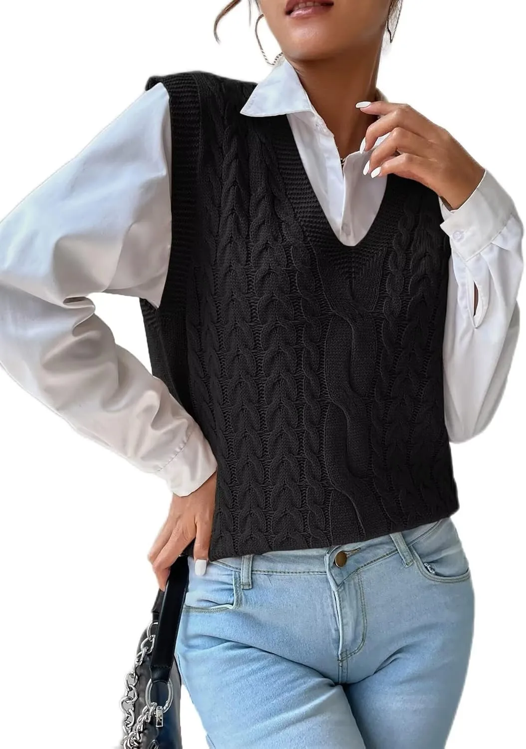 Womens Sweater Vest Cable Knit Casual V Neck Ribbed Preppy Pullover Tops Sleeveless