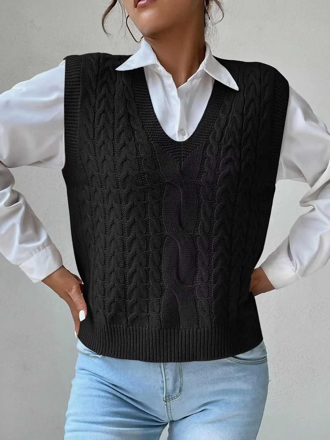 Womens Sweater Vest Cable Knit Casual V Neck Ribbed Preppy Pullover Tops Sleeveless