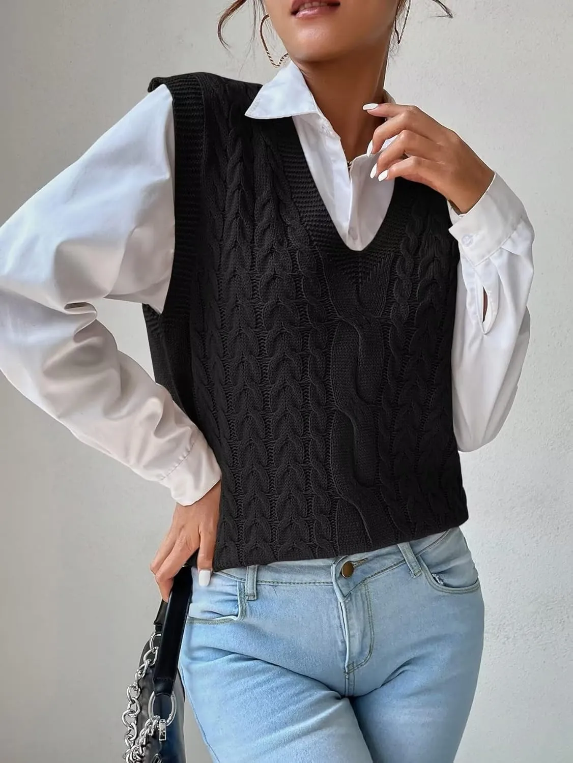 Womens Sweater Vest Cable Knit Casual V Neck Ribbed Preppy Pullover Tops Sleeveless