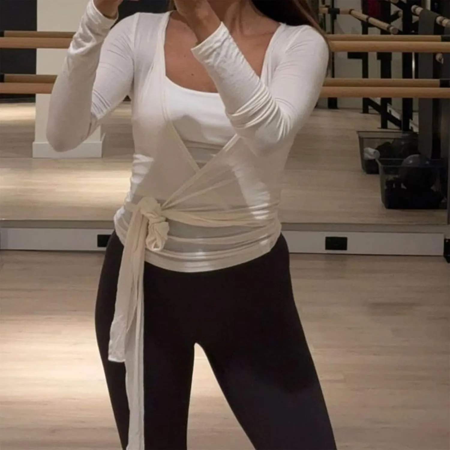Women's Tie Wrap Top Sexy Deep V Neck Tie Front Long Sleeve Tops Casual Slim Fit Yoga Shirts Workout T Shirts